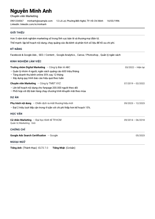Mẫu CV Gọn ATS